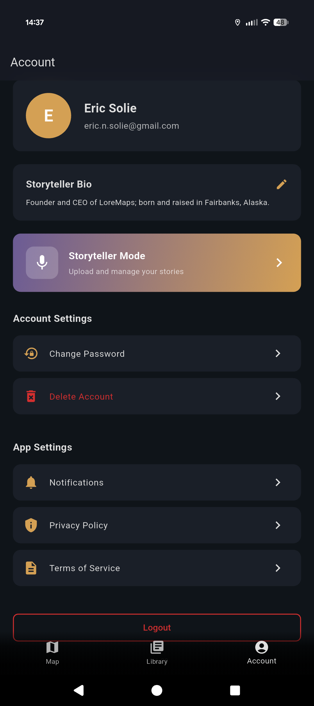 Lore app account screen with Storyteller Mode