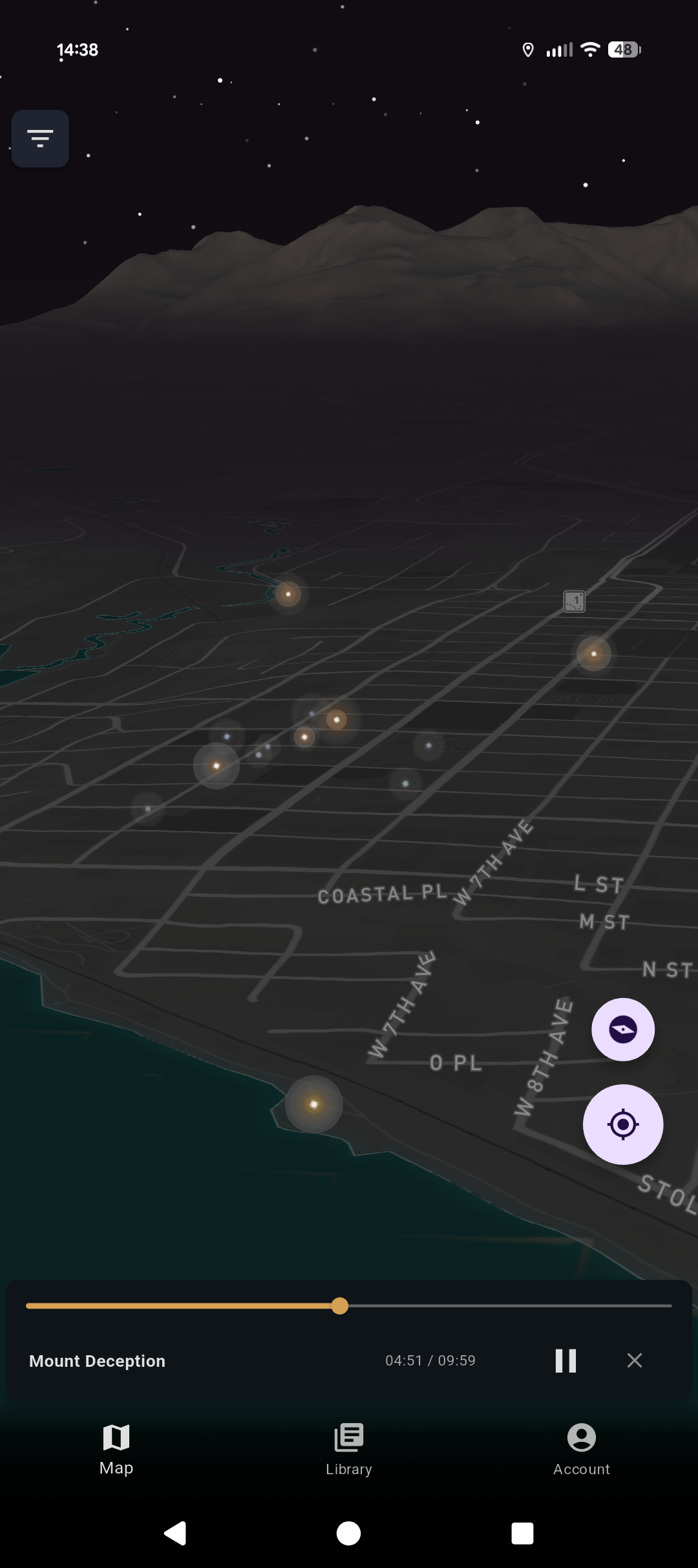 Lore app 3D map with story pins across Anchorage