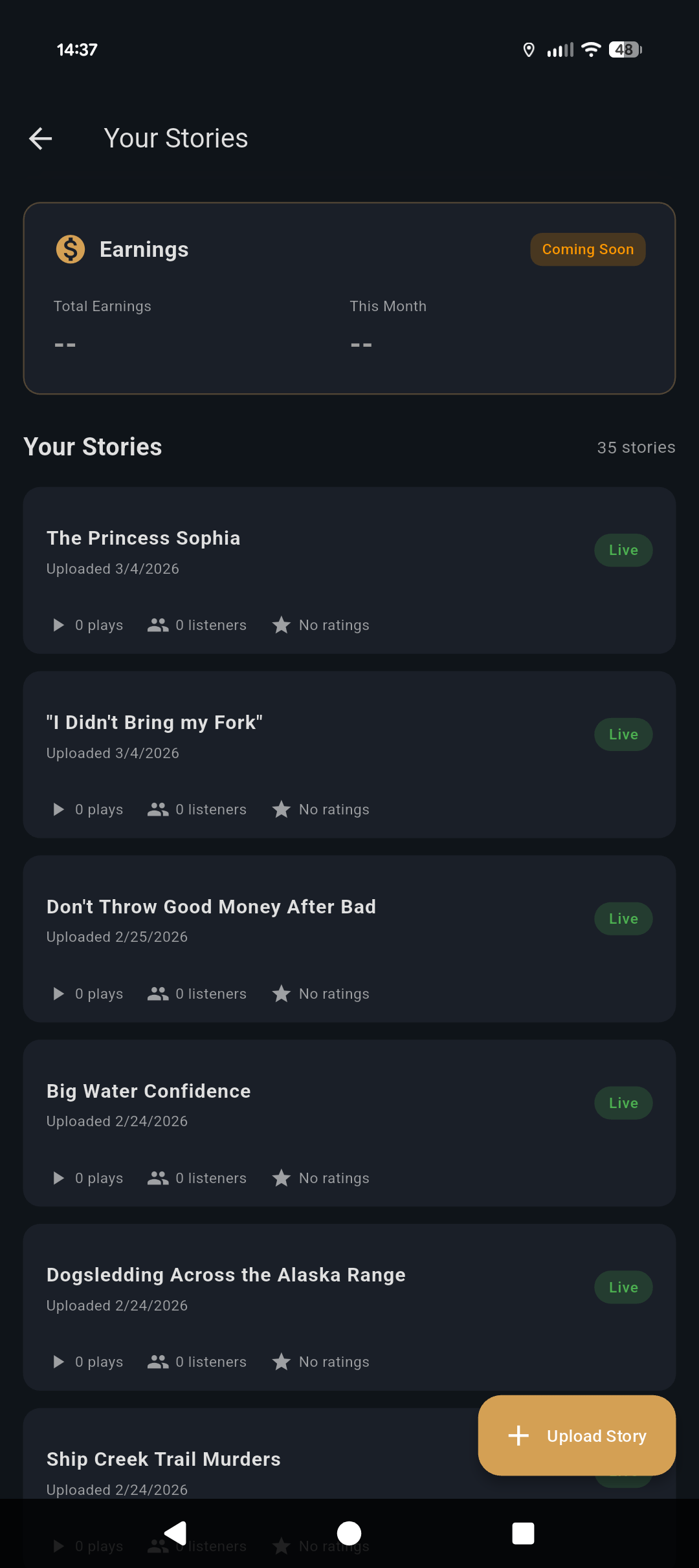 Storyteller dashboard with uploaded stories